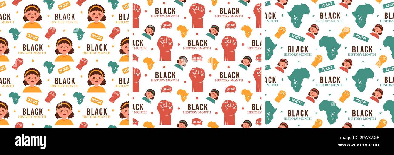 Set aus Black History Month Nahtloses Muster eines afroamerikanischen Feiertags in Vorlage handgezeichnete Cartoon-Flachdesign-Illustration Stock Vektor