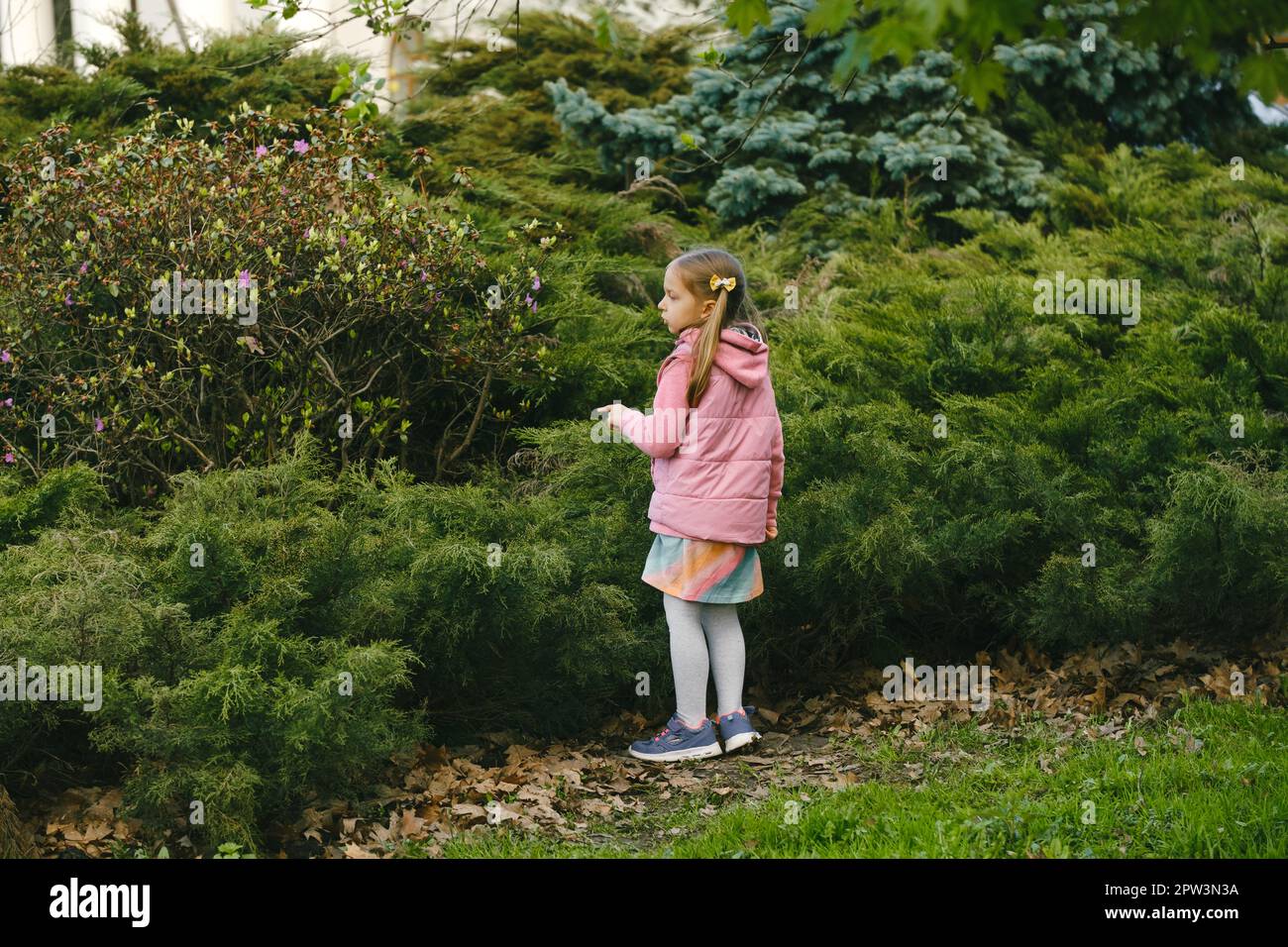 Schnitzeljagd für ein Kind im Park. Mädchen, die etwas über die Umwelt lernen. Naturerziehungsaktivität für den Welt-Erde-Tag. Im Frühling auf Entdeckungsreise. Stockfoto