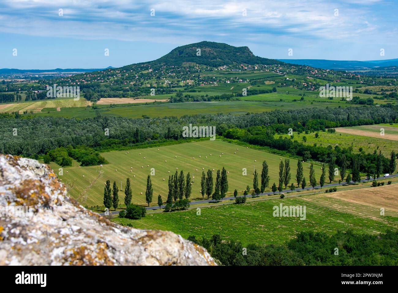 Eine sommerliche grüne Landschaft mit einer Straße, einer Reihe von Bäumen, Hügeln und Häusern in Ungarn im Balaton Hochland Stockfoto