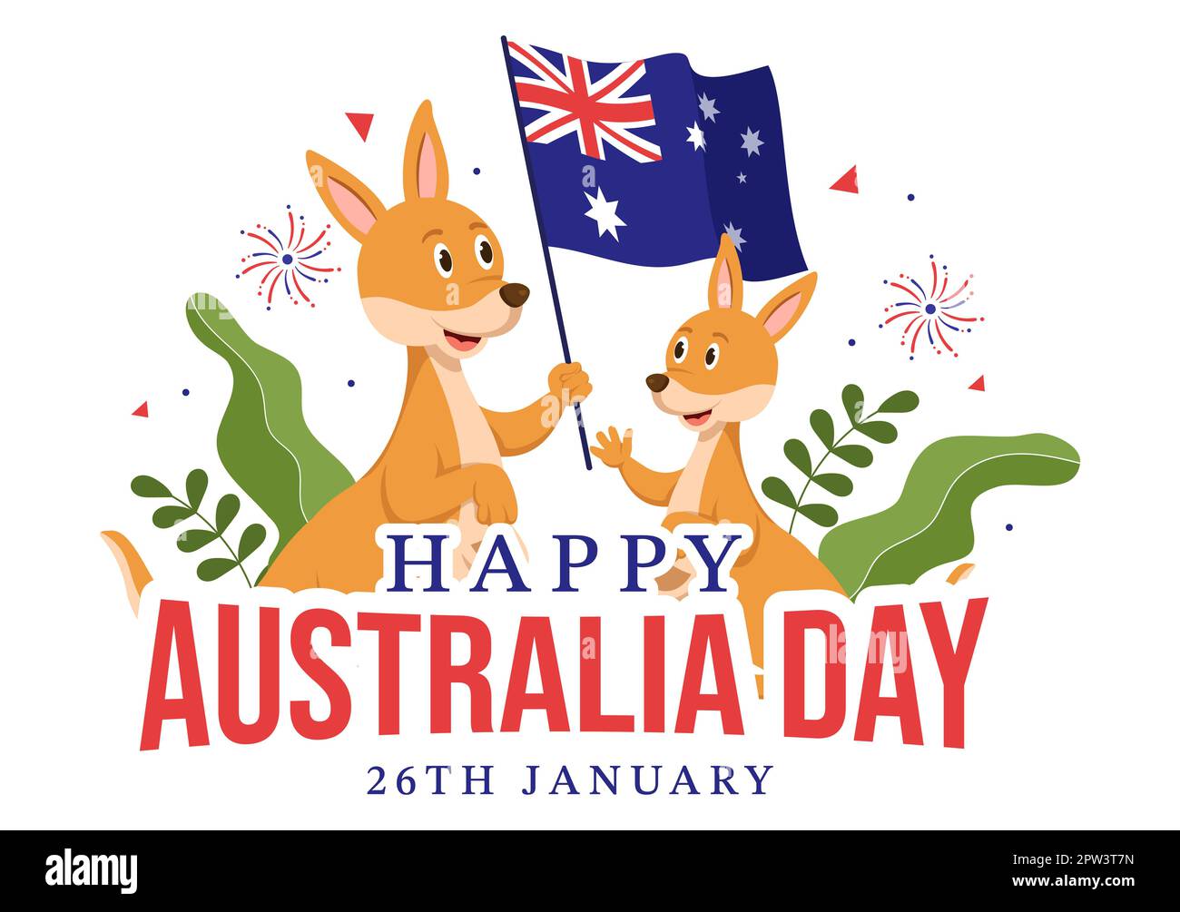 Happy Australia Day findet jedes Jahr am 26.. Januar mit Flaggen und Kängurus in der flachen, handgezogenen Schablone statt Stockfoto