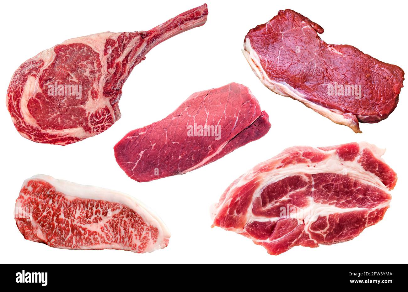 Set aus verschiedenen ungekochten Rinderstäbchen, isoliert auf weißem Hintergrund. Draufsicht der Cut-out-Kollektion für rohes Fleisch Stockfoto