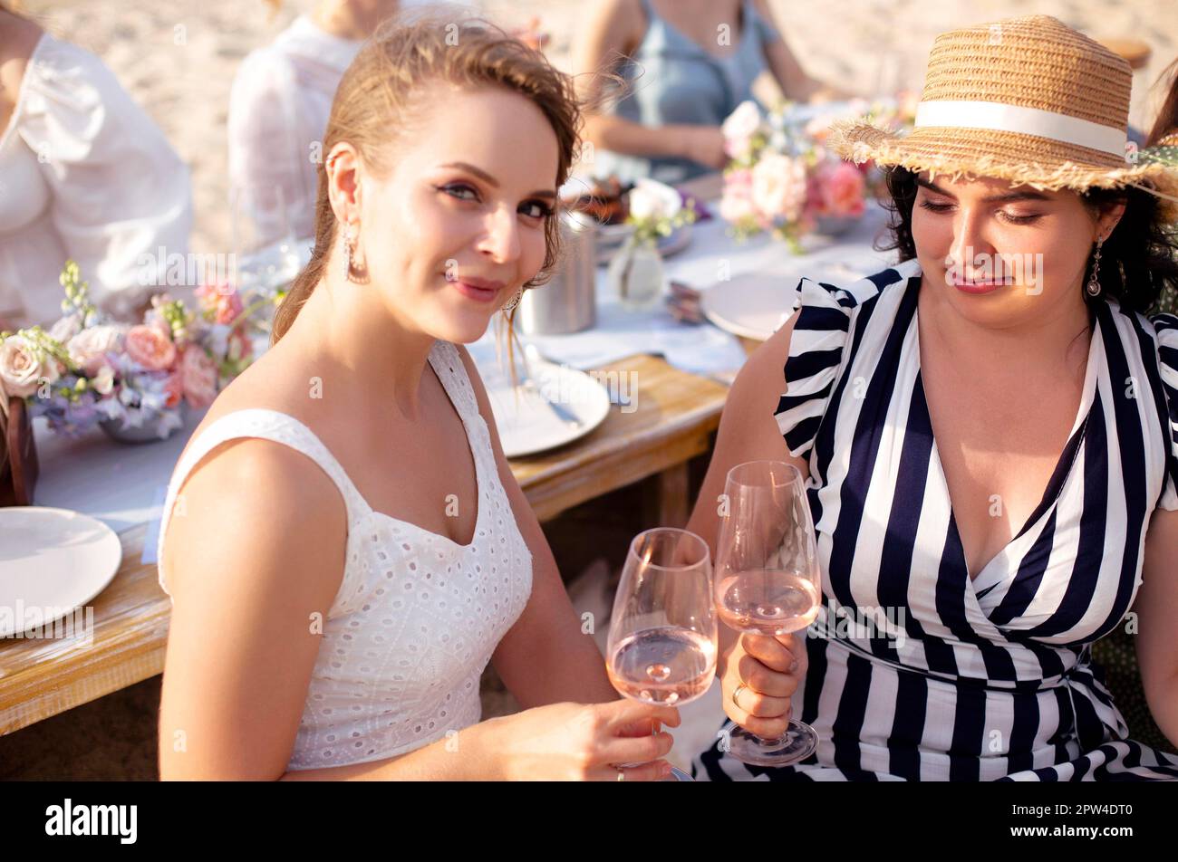 Glückliche weibliche Gäste lächeln und klirren Gläser Wein, während sie während des Banketts am Sommertag Toast anbieten Stockfoto
