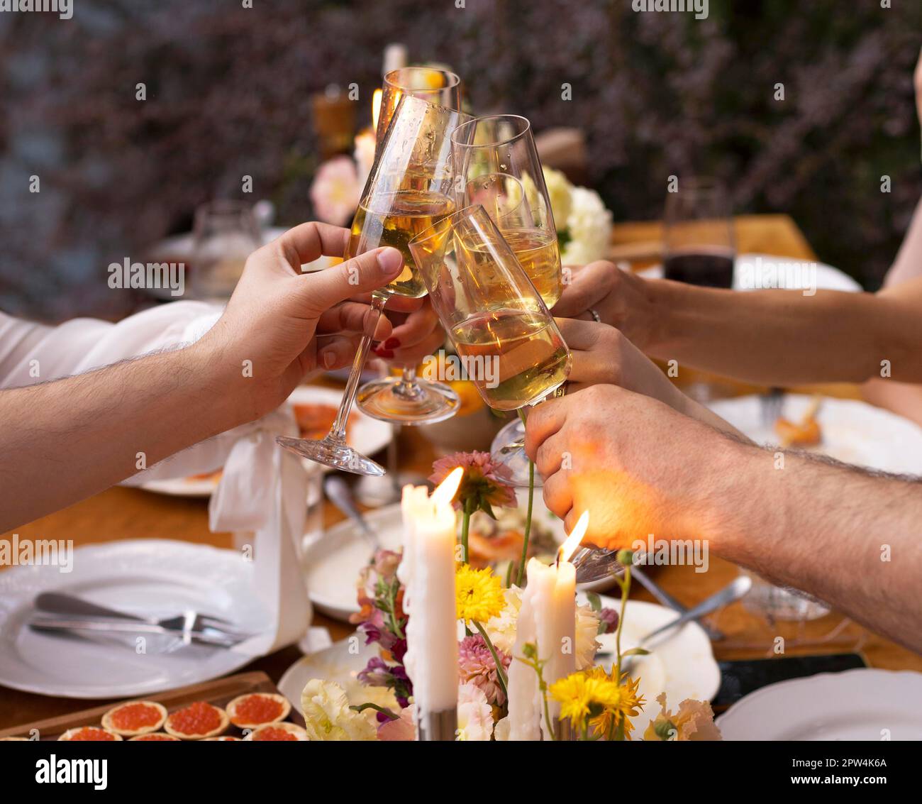 Fröhliche Freunde, die sich anfeuern und sich gegenseitig ihre Champagnergläser voller Sekt zeigen, während sie eine Hochzeitsfeier im Freien auf einem genießen Stockfoto