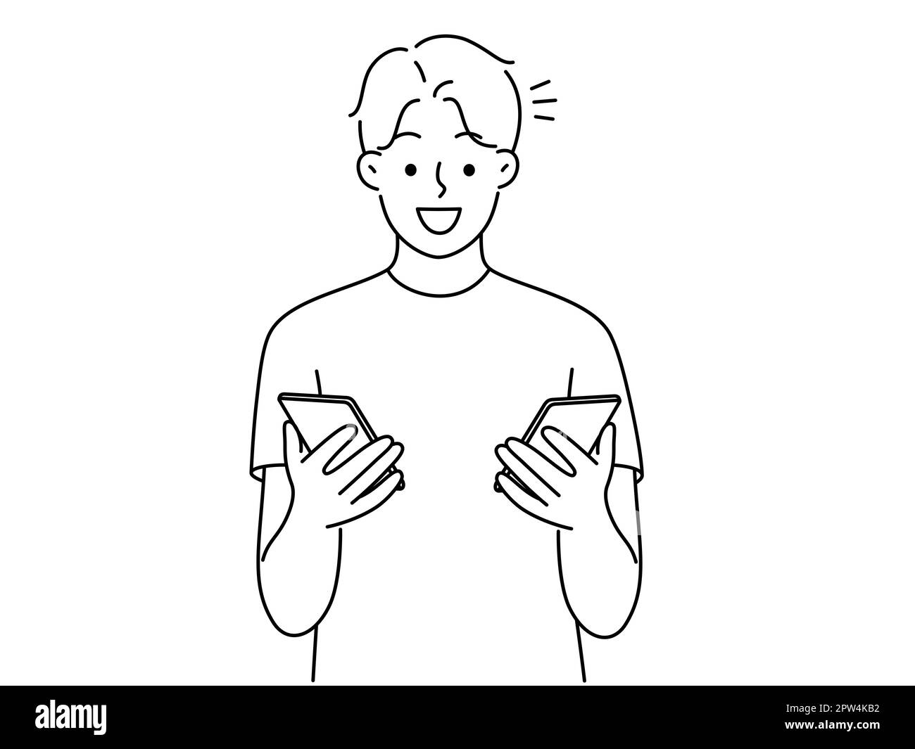Ein lächelnder Mann hält ein Handy und sendet Informationen zwischen den Geräten. Glücklicher Mann vergleicht moderne Smartphones. Technologiekonzept. Vektordarstellung. Stockfoto