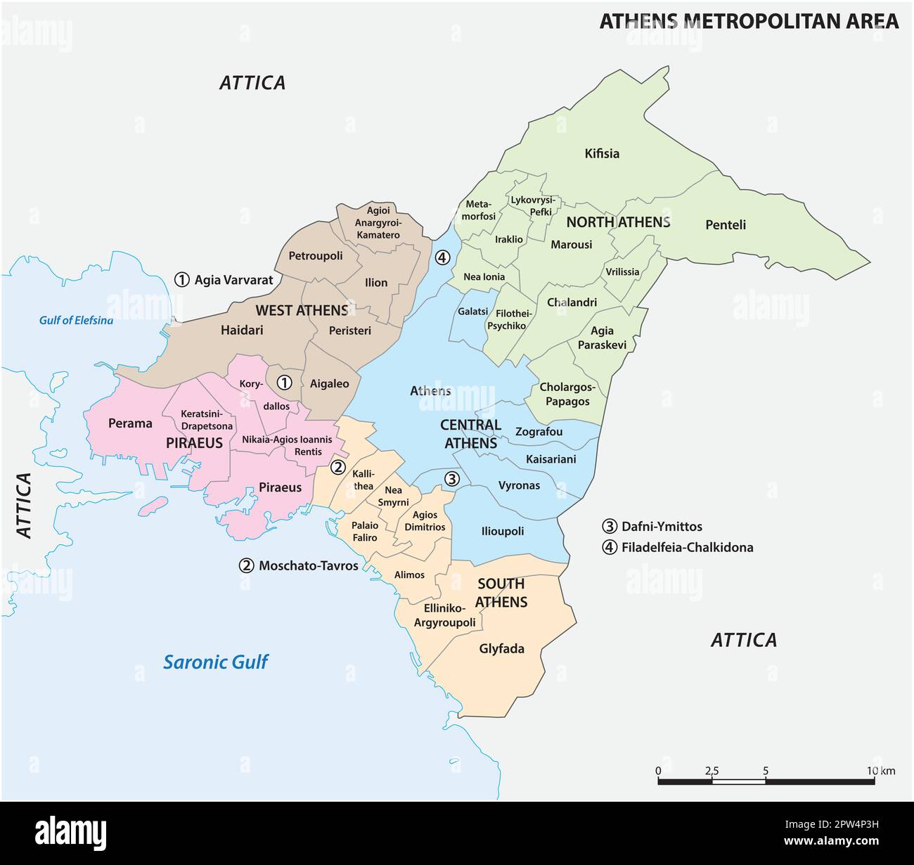 Verwaltungskarte der Metropolregion Athen, Griechenland Stock Vektor