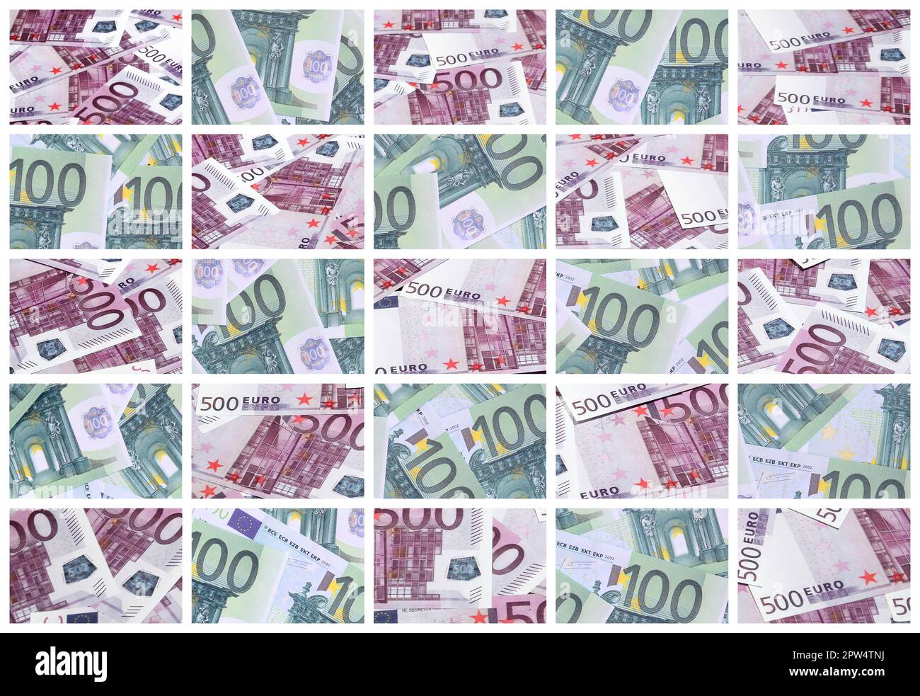 Eine Collage aus vielen Bildern von Hunderte von Dollar und Euro Rechnungen in einem Haufen Lügen Stockfoto
