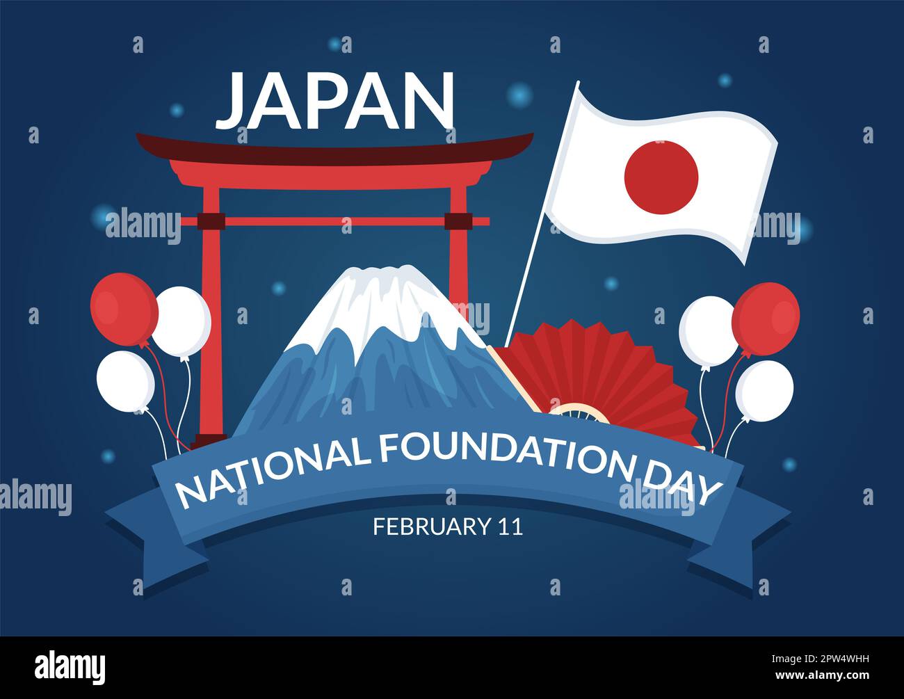 Happy Japan National Foundation Day am 11. Februar mit der Illustration berühmter japanischer Wahrzeichen und Flagge in flacher, handgezeichneter Cartoon-Schablone Stockfoto