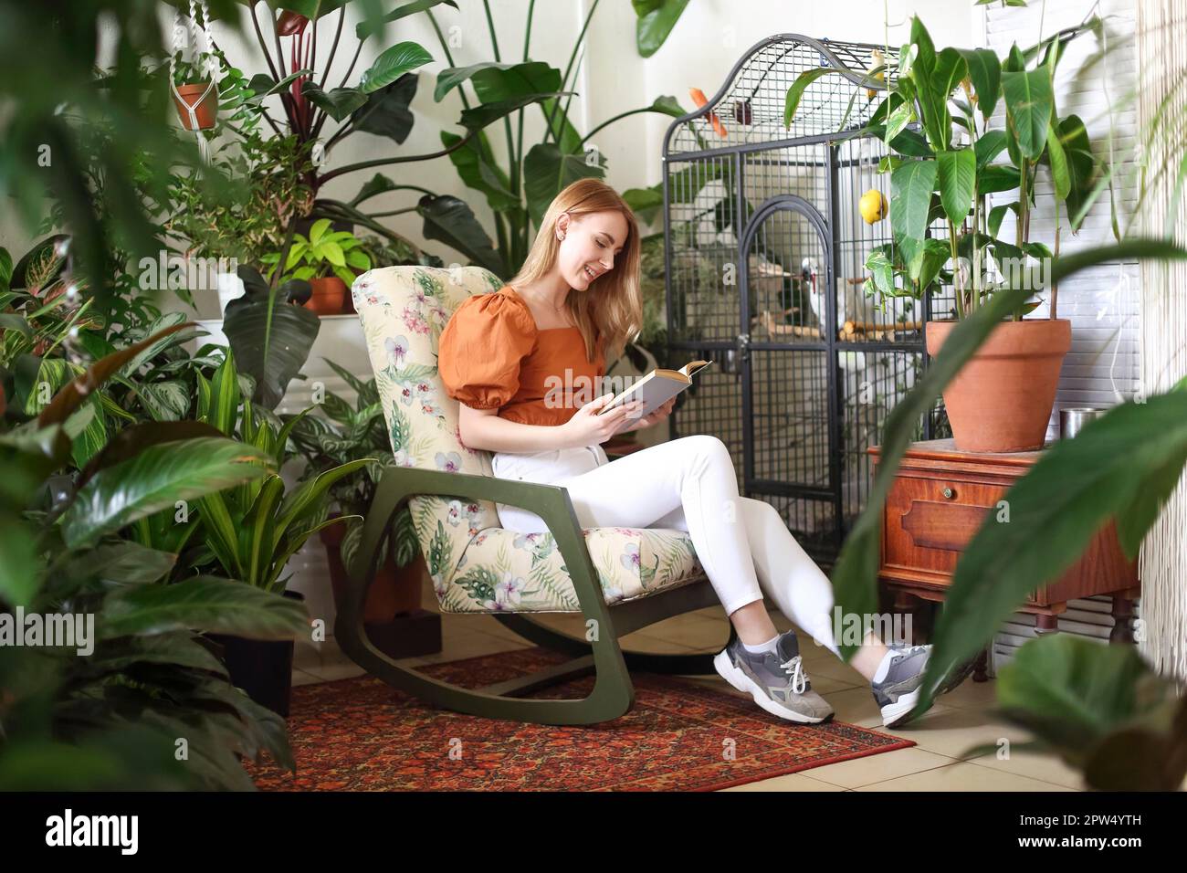 Entspannte, glückliche Frau beim Lesen des Buches, während sie sich im Sessel abkühlte Heller Raum mit Papagei im Käfig und Blumentöpfen Stockfoto
