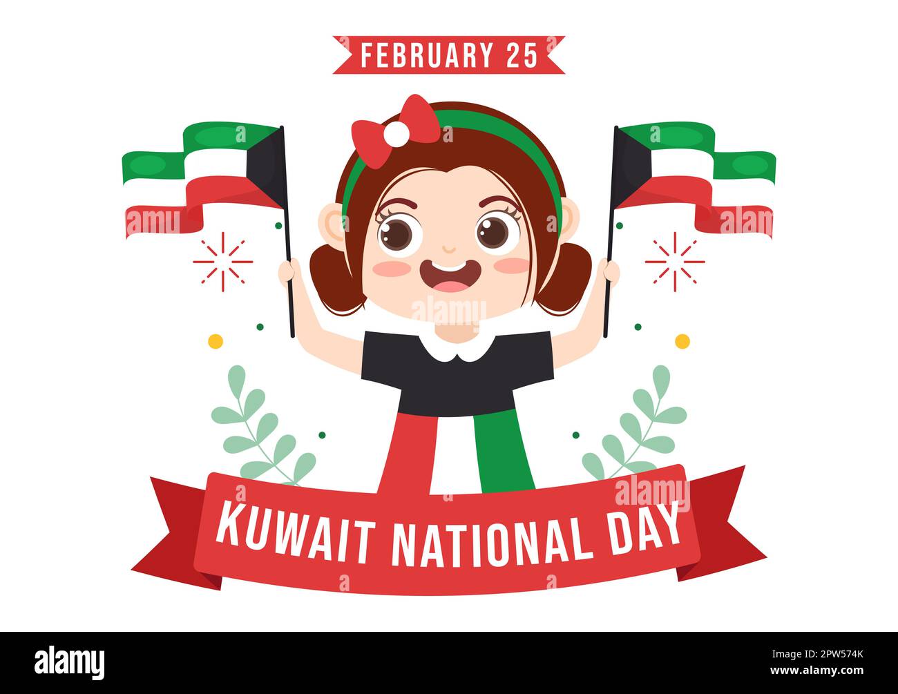 National Kuwait Day am 25.. Februar mit Kindern, die eine Flagge winken und die Unabhängigkeitsfeier in einer flachen Cartoon-Illustration mit handgezeichneten Vorlagen Stockfoto