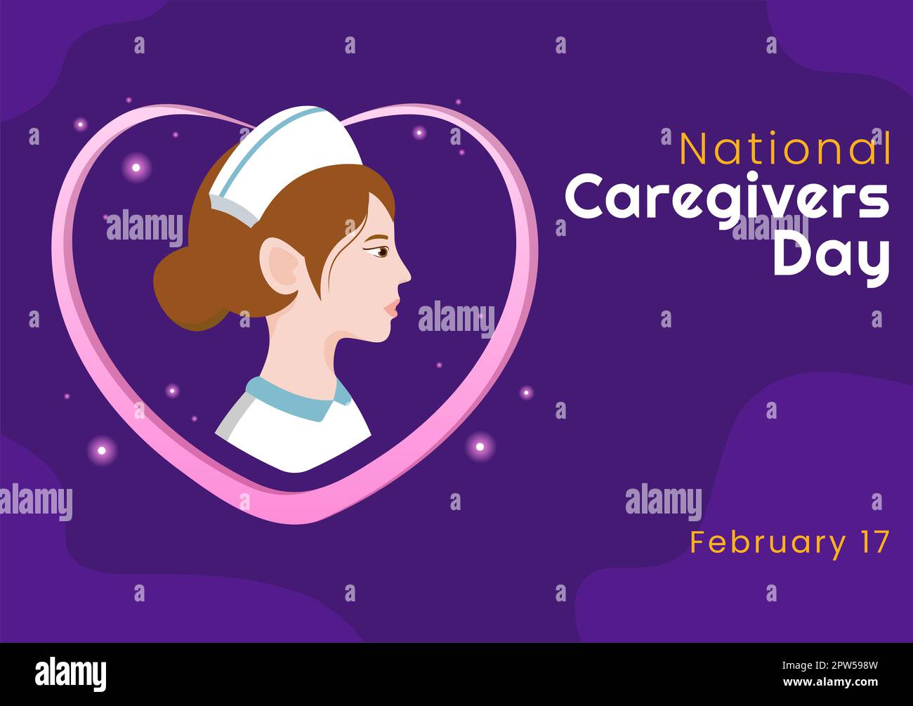 National Caregivers Day am 17.. Februar bietet selbstlose Körperpflege und körperliche Unterstützung in einer flachen, handgezogenen Karikatur Stockfoto