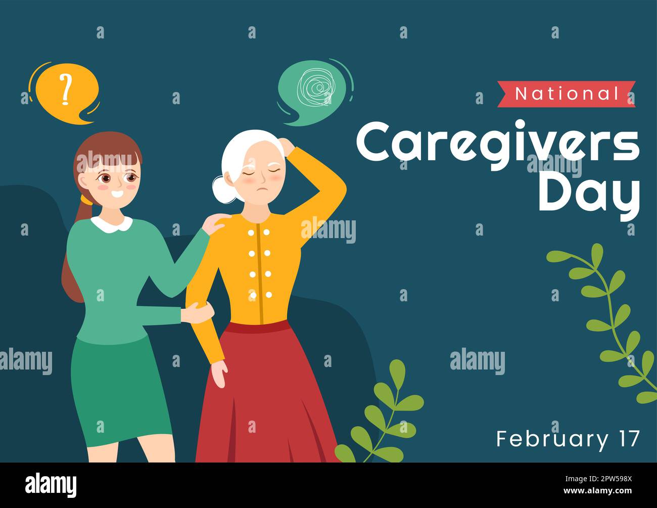 National Caregivers Day am 17.. Februar bietet selbstlose Körperpflege und körperliche Unterstützung in einer flachen, handgezogenen Karikatur Stockfoto