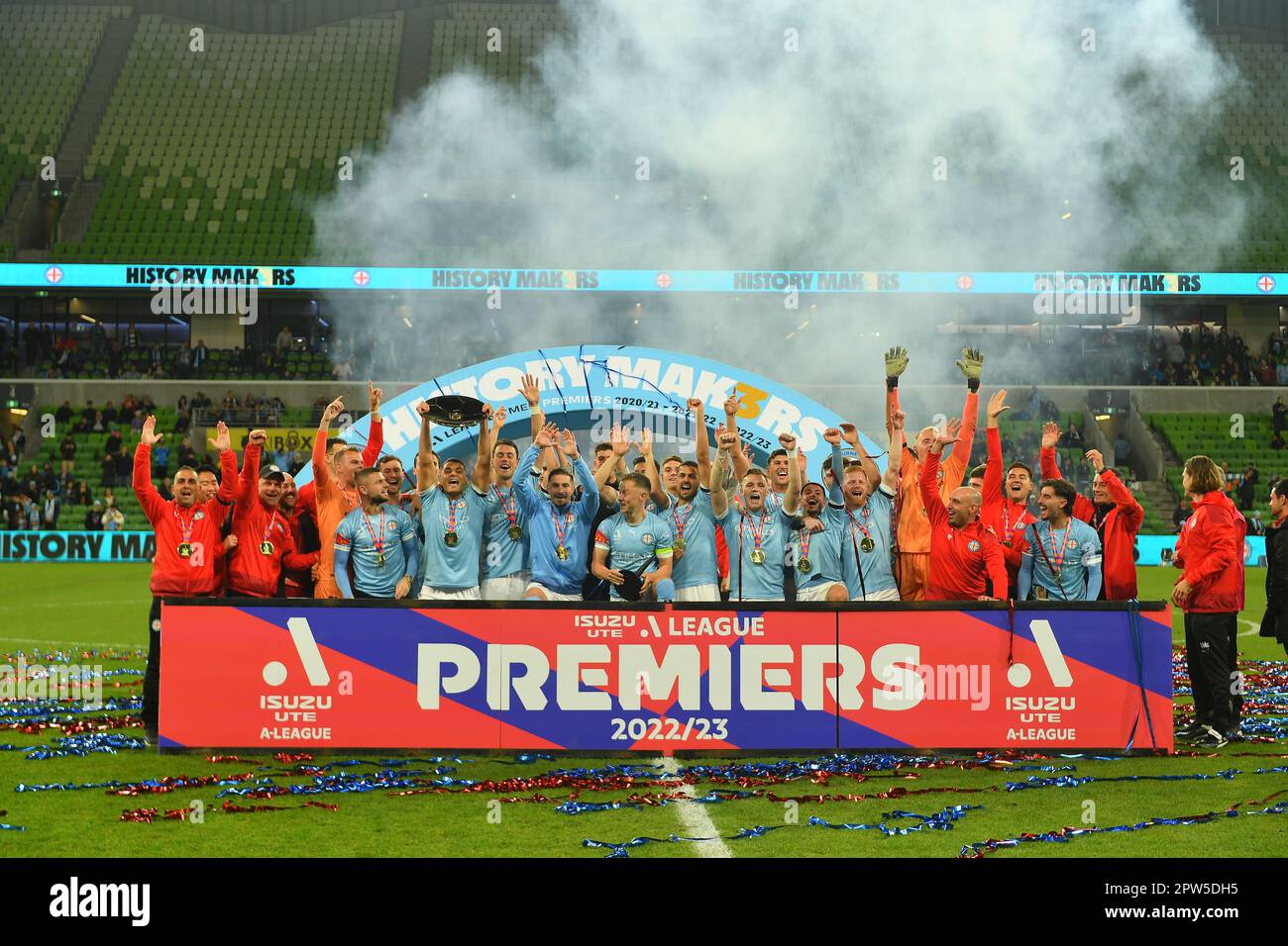 MELBOURNE, AUSTRALIEN. 28. April 2023. Melbourne City Premiership – Titelfeier. . Credit Karl Phillipson/Alamy Live News Stockfoto