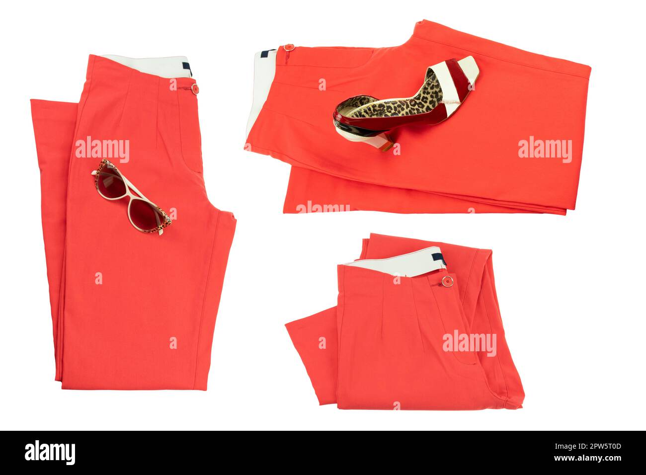 Collage-Frauenkleider. Set aus gefalteter, roter, eleganter Damenhose oder Denimhose mit elegantem, einzelnem, weiblichem Schuh mit hohem Absatz und einer Sonnenbrille Stockfoto