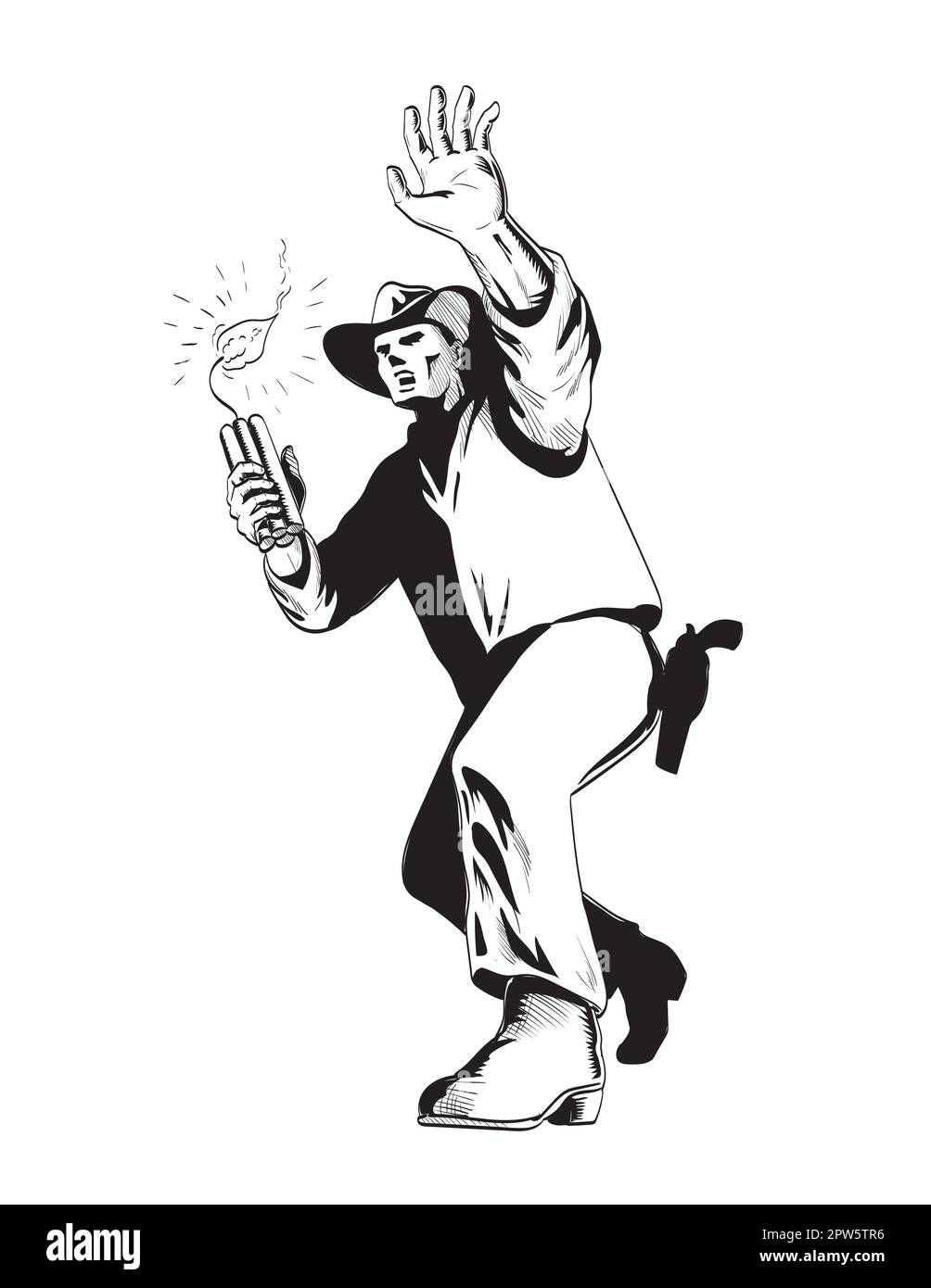 Comics-Zeichnung oder Illustration eines Cowboys, der einen Haufen Dynamitstäbchen oder TNT wirft, von vorne gesehen in einem niedrigen Winkel auf isoliertem Hintergrund i. Stockfoto