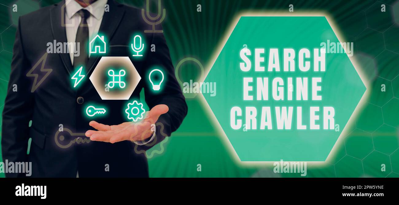Handgeschriebenes Schild Search Engine Crawler, Business Approach-Programm oder automatisiertes Skript, das im Internet surft Stockfoto