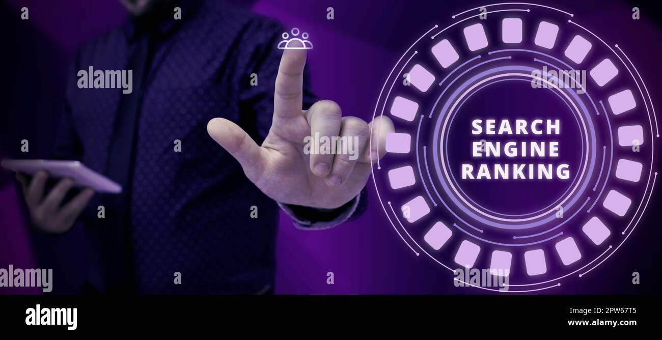 Handschriftlicher Text Suchmaschinenranking, Rang der Geschäftsidee, an welcher Site in der Suchmaschinenabfrage angezeigt wird Stockfoto
