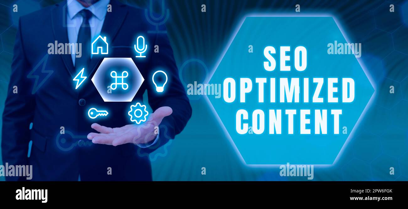 Konzeptionelle Beschriftung Seo Optimierter Inhalt, Internetkonzept, wodurch Webseiten für Suchmaschinen attraktiv werden Stockfoto