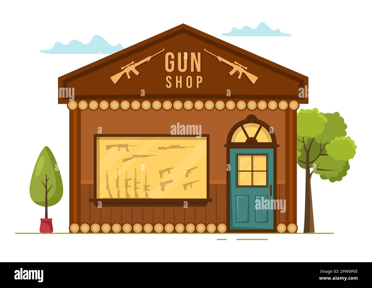 Waffengeschäft oder Jagd mit Gewehr, Kugel, Waffe und Jagdausrüstung in flacher Cartoon Handgezeichnete Vorlagen Illustration Stockfoto