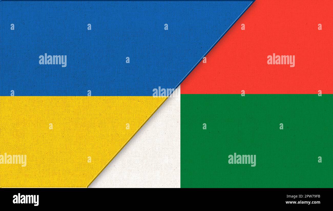 Flagge der Ukraine und Madagaskars - Abbildung 3D. Zwei Flaggen Zusammen. Nationale Symbole der Ukraine und Madagaskars. Politische Beziehungen. Ukrainisch und M. Stockfoto