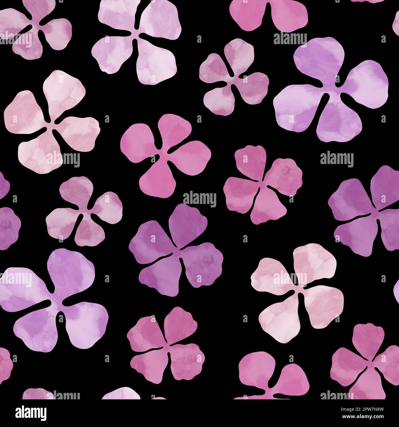 Pinkfarbene Blumen mit nahtlosem Muster. Handgezeichnete rosa und lila Blumen auf schwarzem Hintergrund. Durchgehender Blumendruck Stockfoto