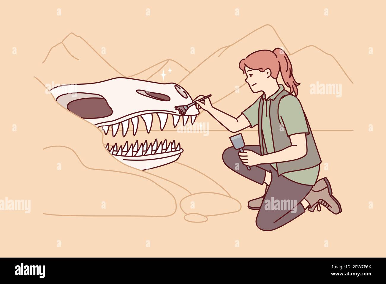 Eine Archäologin in der Nähe eines riesigen Dinosaurierschädels reinigt den Kopf eines alten Tieres mit einem Pinsel. Vektorbild Stock Vektor