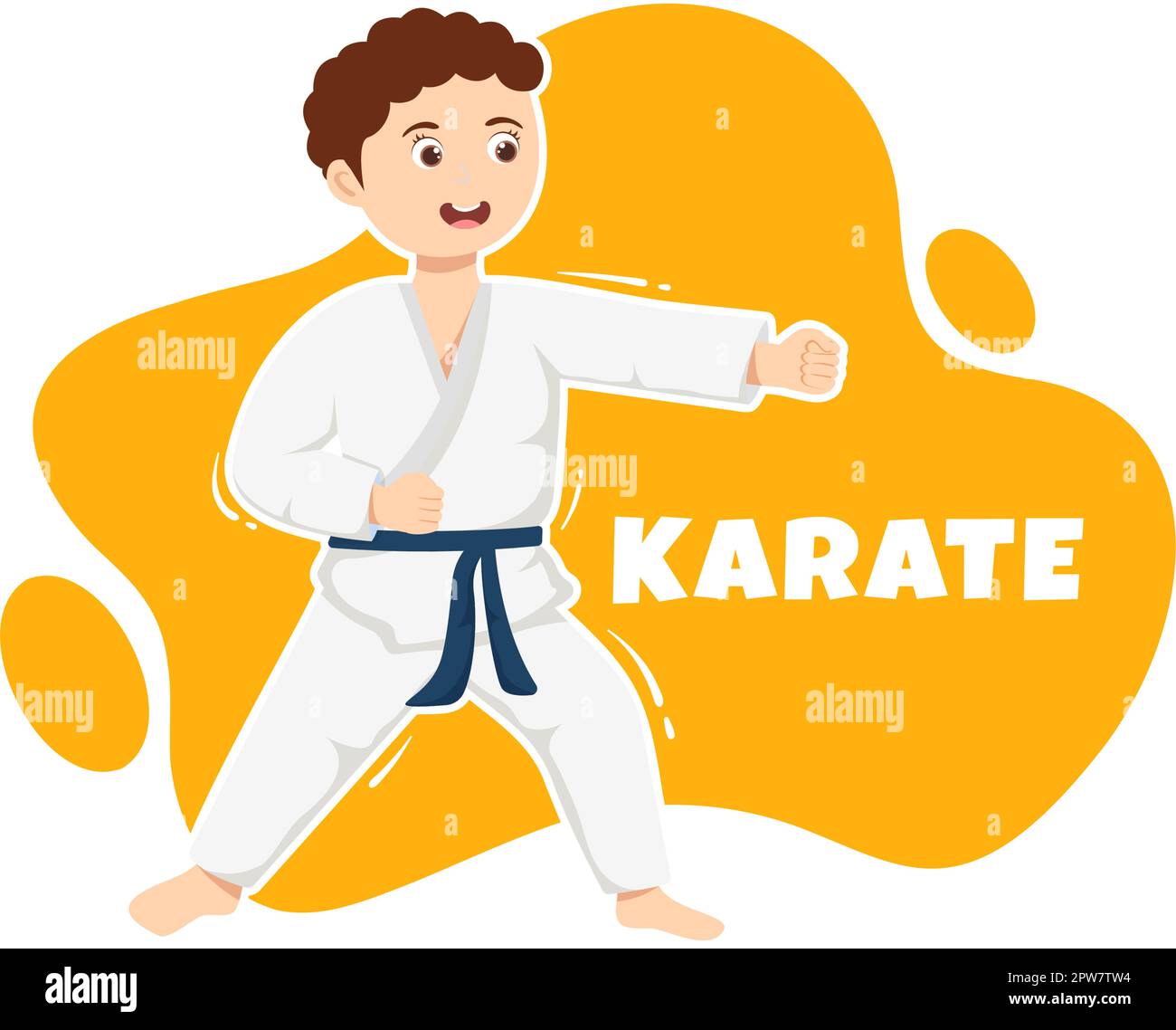 Kinder, die einige grundlegende Karate Martial Arts-Bewegungen machen, sich in Pose setzen und Kimono in Cartoon-Handschrift für Landing-Page-Vorlagen tragen Illustration Stock Vektor