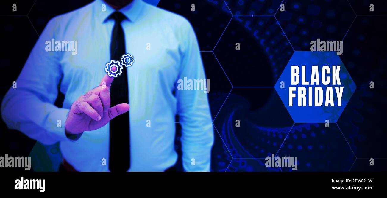 Textunterschrift präsentiert Black Friday, Geschäftsübersicht am Tag nach dem US-Feiertag der Thanksgiving-Shopping-Saison Stockfoto