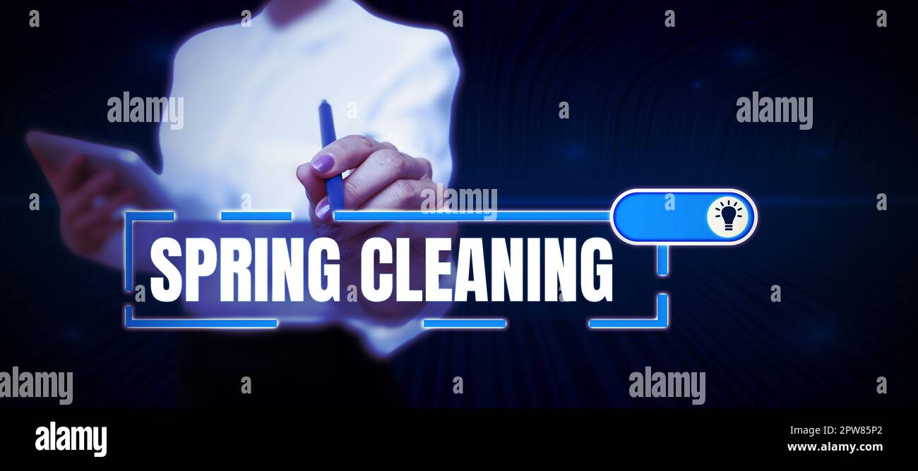 Textüberschrift Vortrag Frühjahrsputz, Wort über Praxis der gründlichen Hausreinigung im Frühling Stockfoto