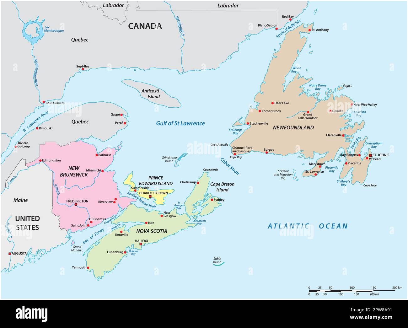 Vektorkarte der vier kanadischen Küstenprovinzen Stock Vektor