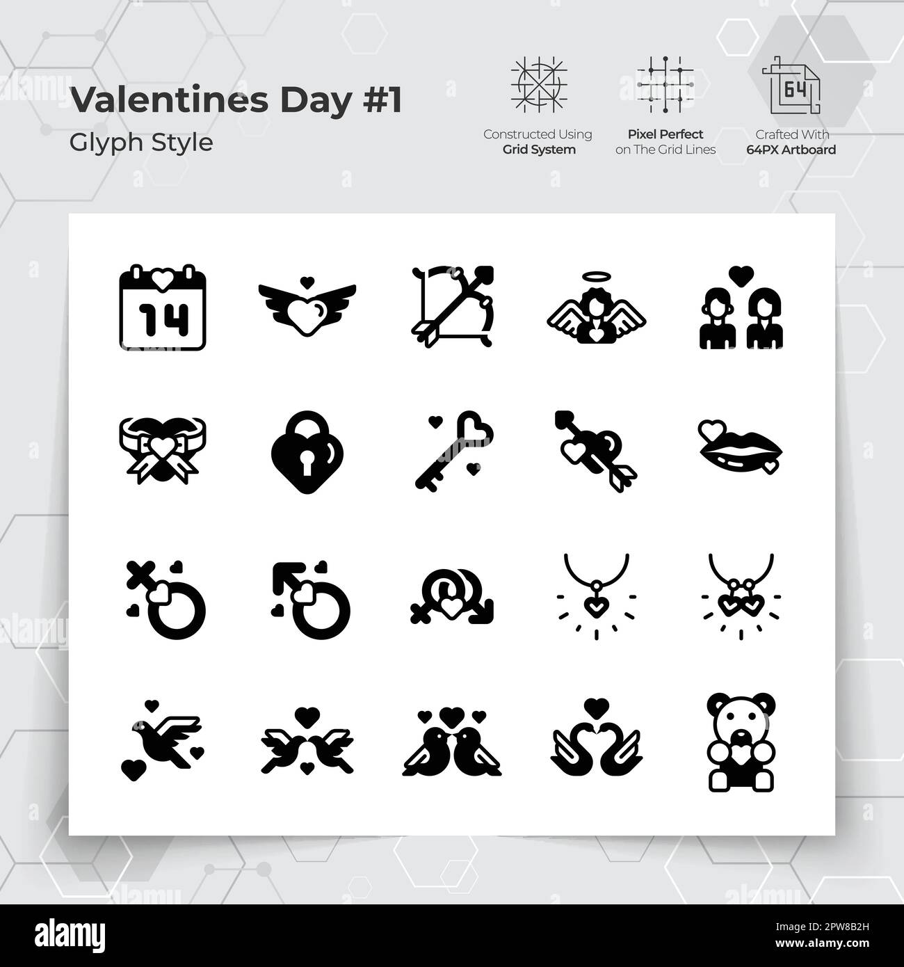Valentinstag-Ikone in Glyph Black mit einem Liebes- und Herzmotiv. Eine Sammlung von Liebes- und Romantik-Vektorsymbolen für die Valentinstagsfeier. Stock Vektor