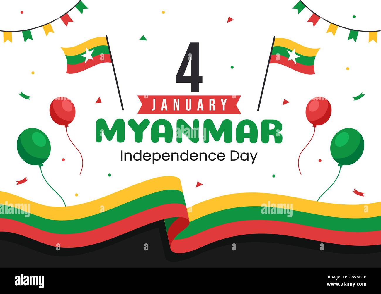 Feier des Unabhängigkeitstages von Myanmar am 4.. Januar mit Flaggen im flachen Cartoon-Hintergrund Handgezeichnete Vorlagen Illustration Stock Vektor
