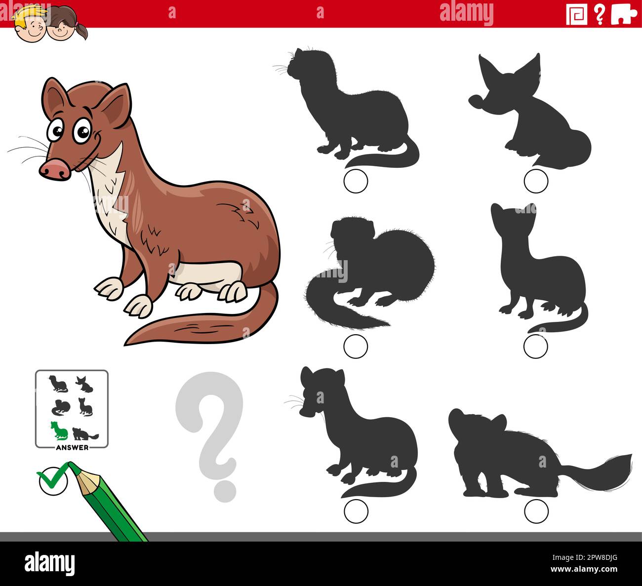 Schattenspiel mit Cartoon-Wiesel-Tierfigur Stock Vektor