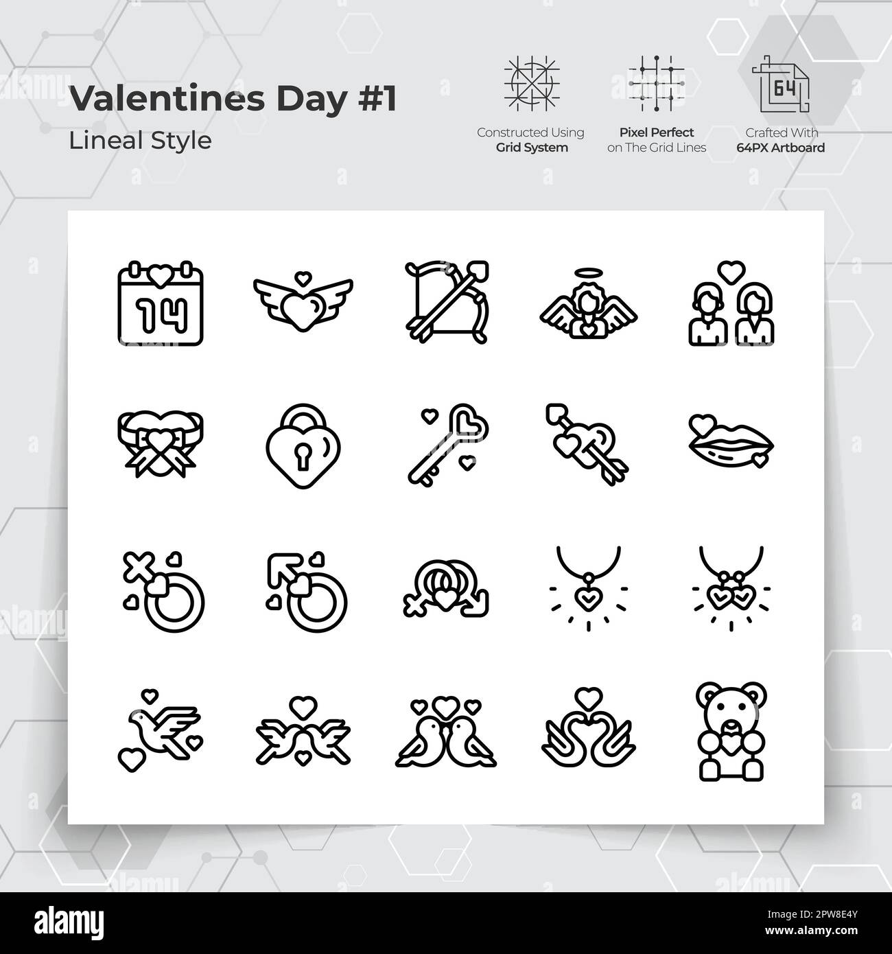 Valentinstag-Ikone mit schwarzer Linie und einem Liebes- und Herzmotiv. Eine Sammlung von Liebes- und Romantik-Vektorsymbolen für die Valentinstagsfeier. Stock Vektor