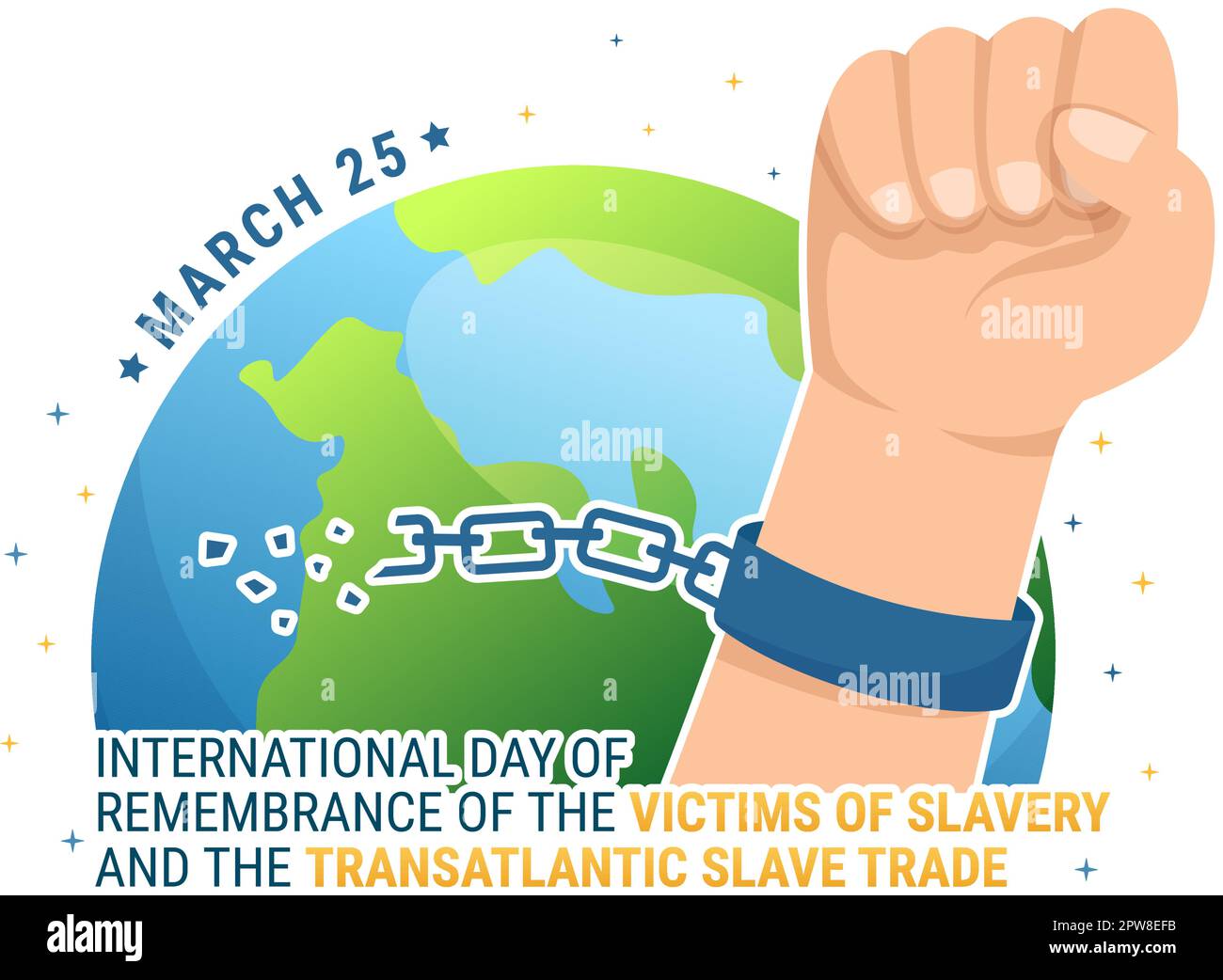Internationaler Tag der Erinnerung an die Opfer der Sklaverei und Transatlantischer Sklavenhandel handgezeichnete Illustration mit gebrochenen Handschellen auf Handdesign Stock Vektor