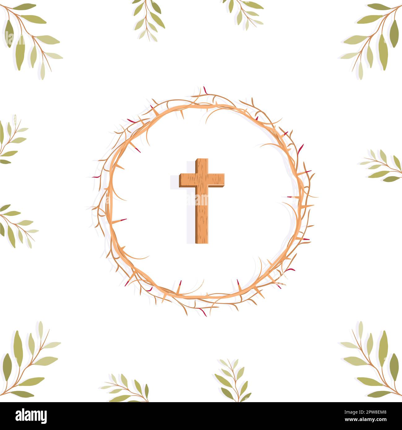 Palm-Sunday-Konzept. Blätter, Kreuz und Dornenkrone Stock Vektor