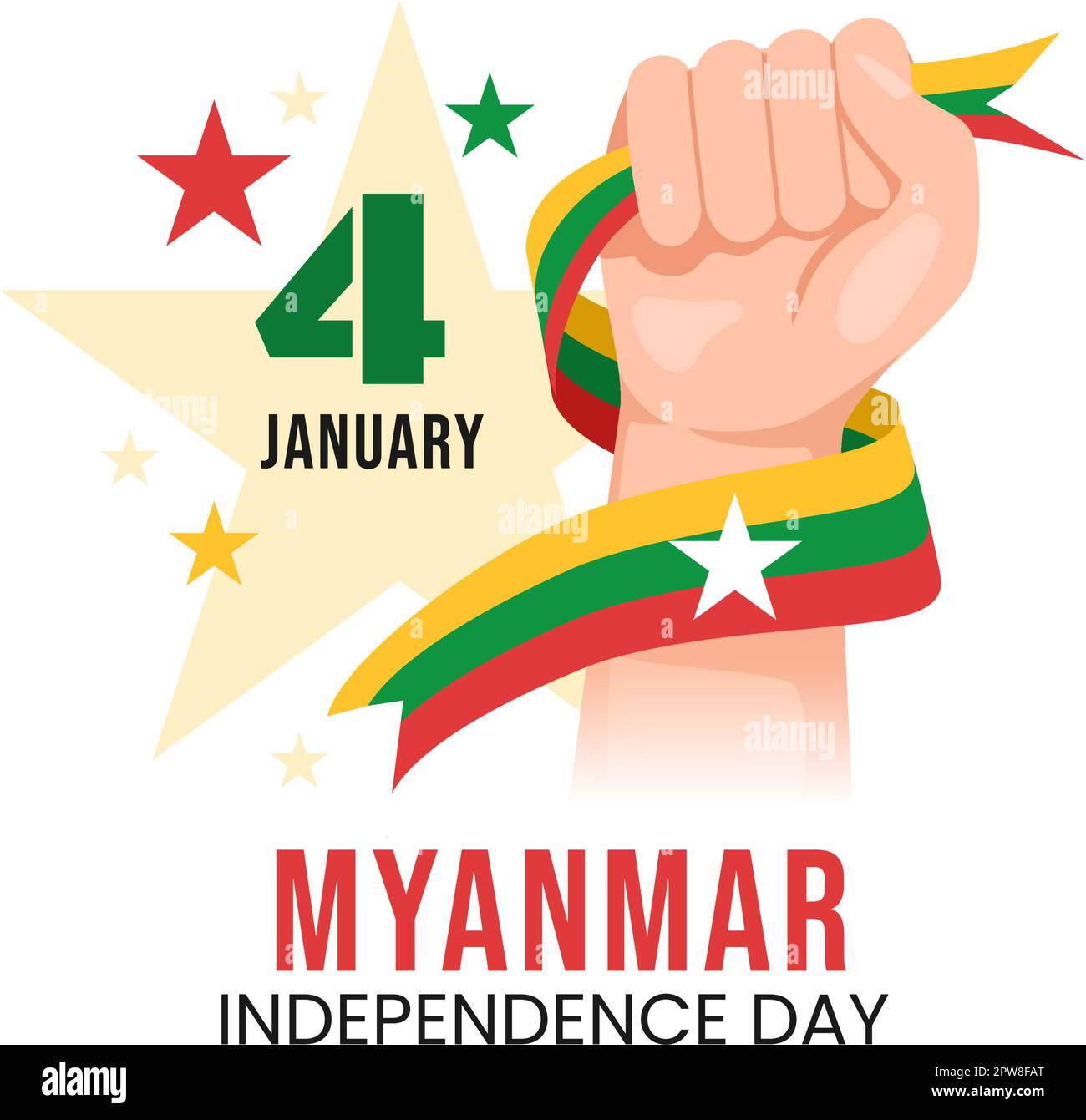 Feier des Unabhängigkeitstages von Myanmar am 4.. Januar mit Flaggen im flachen Cartoon-Hintergrund Handgezeichnete Vorlagen Illustration Stock Vektor