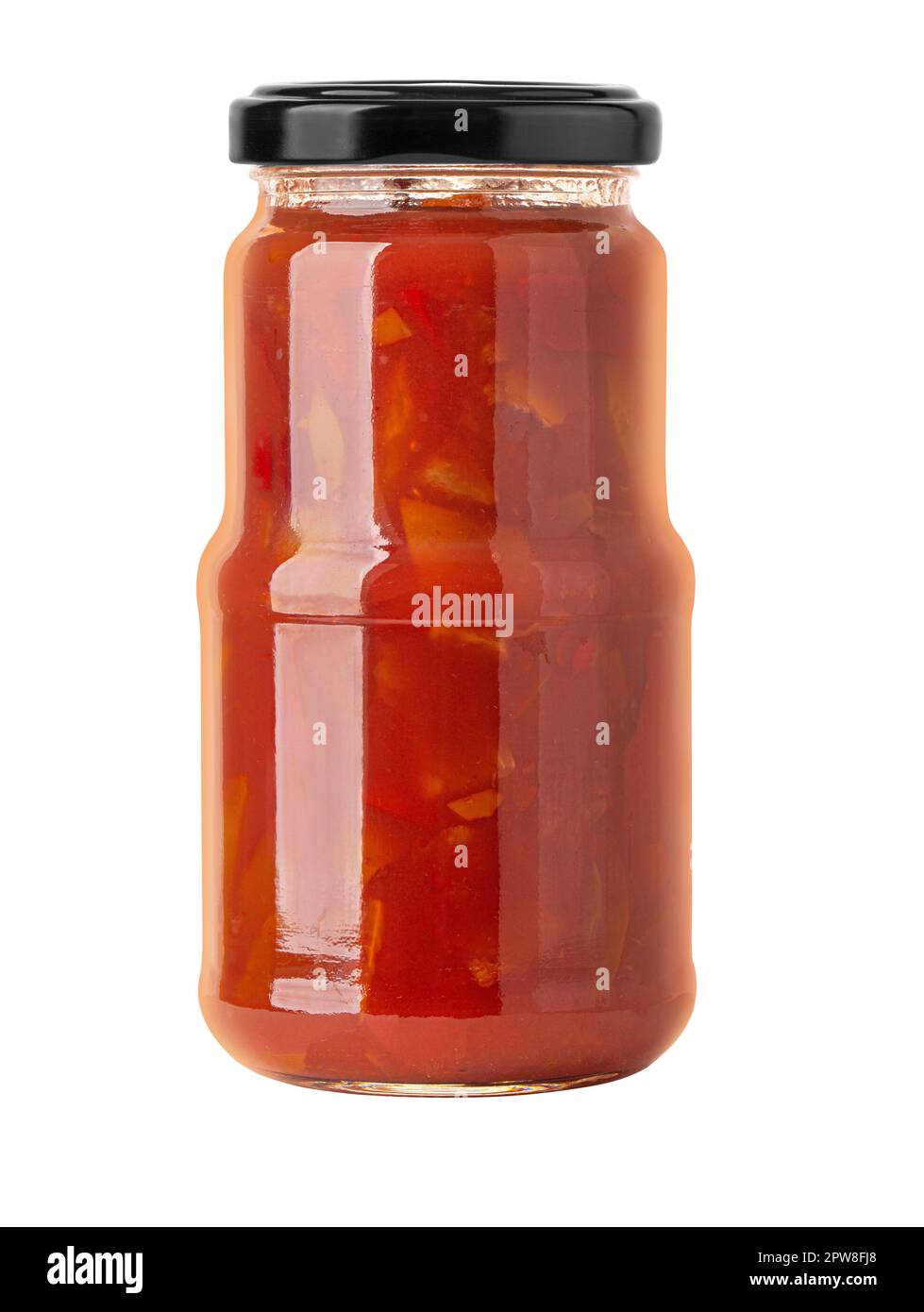 becher mit bbq-Sauce isoliert mit schwarzem Deckel isoliert auf weißem Hintergrund Stockfoto