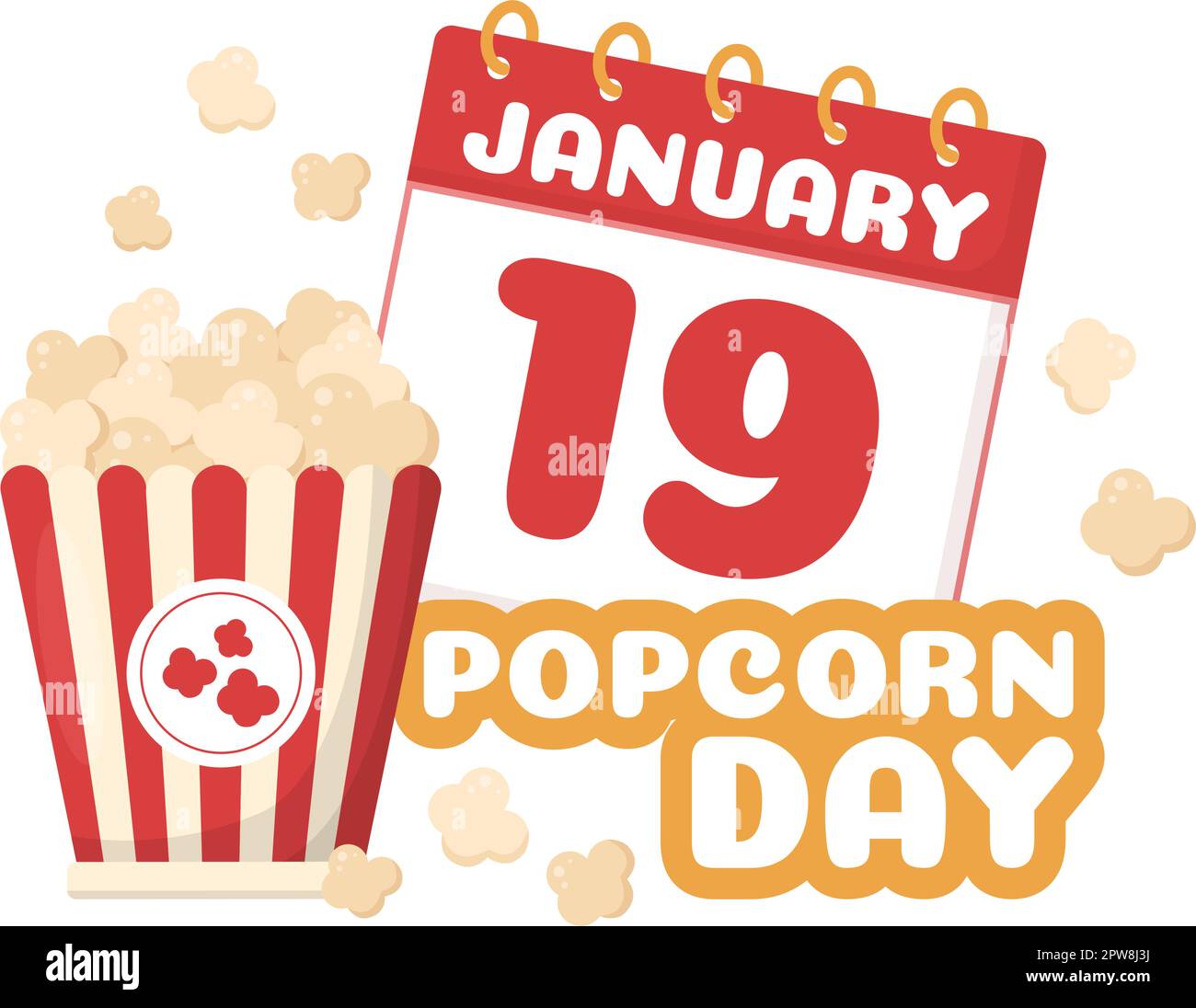 National Popcorn Day am 19.. Januar mit einer großen Box mit roten und weißen Streifen in flachen Cartoon-Hintergrund handgezeichnete Vorlagen Illustration Stock Vektor