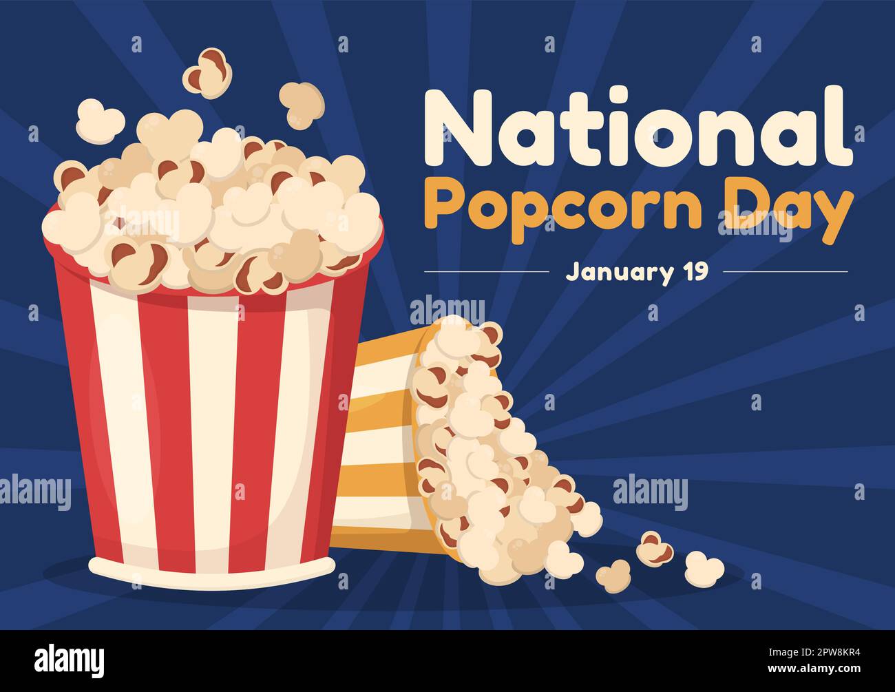 National Popcorn Day am 19.. Januar mit einer großen Box mit roten und weißen Streifen in flachen Cartoon-Hintergrund handgezeichnete Vorlagen Illustration Stock Vektor