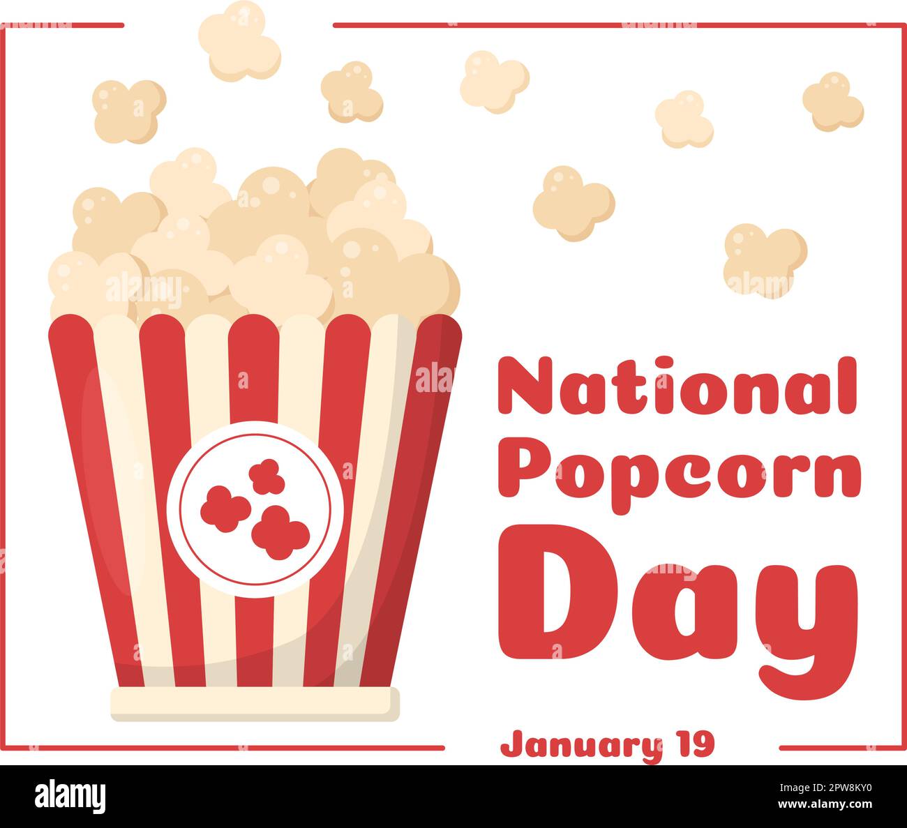 National Popcorn Day am 19.. Januar mit einer großen Box mit roten und weißen Streifen in flachen Cartoon-Hintergrund handgezeichnete Vorlagen Illustration Stock Vektor