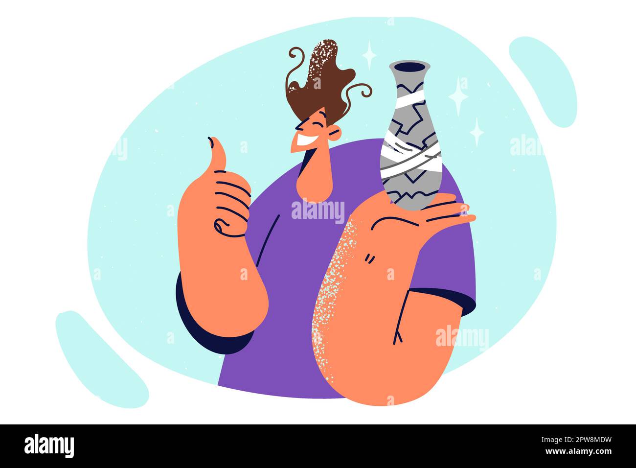 Der Mann, der eine kaputte Vase mit Klebeband repariert hat, und ein restauriertes Gefäß, zeigt Daumen hoch und lächelt Stock Vektor