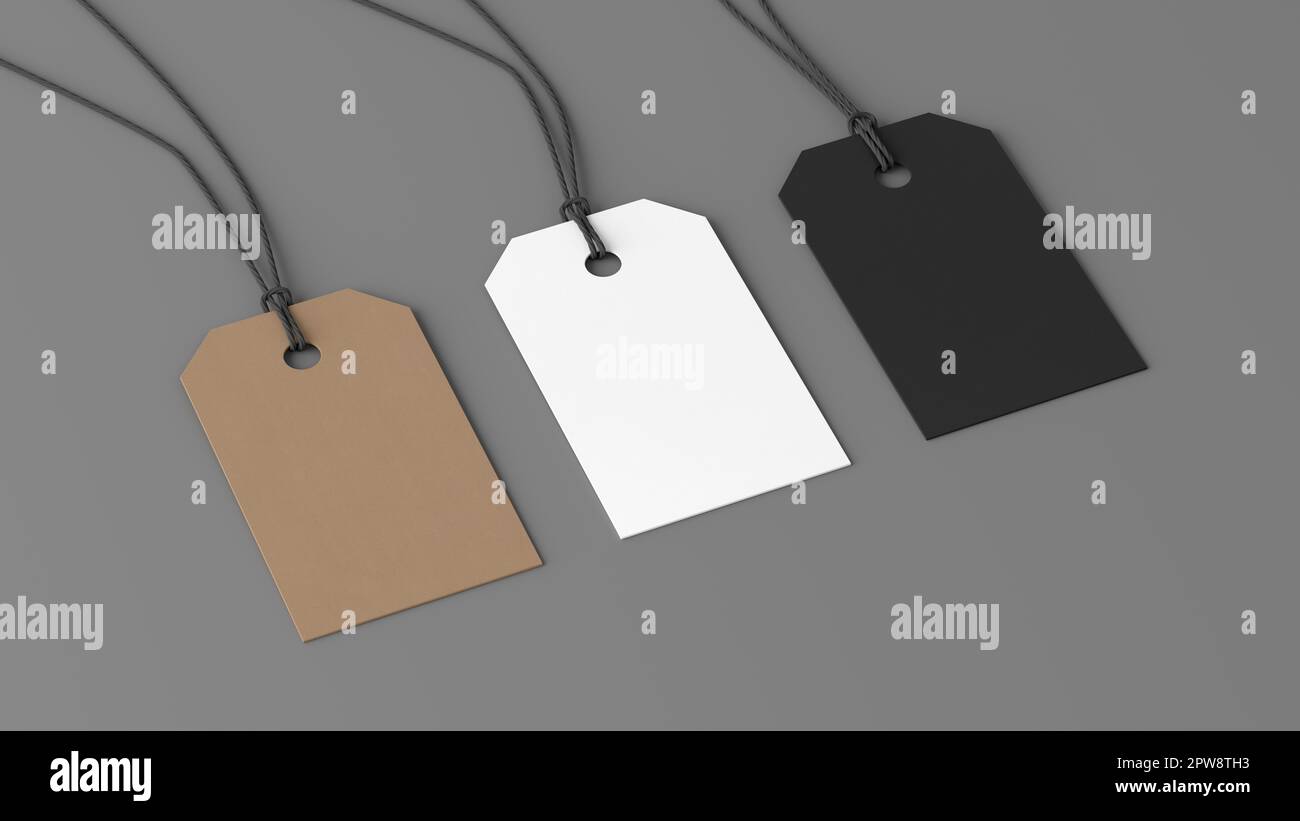 Weiß, Pappe, schwarze Tags Mockup auf grauem Hintergrund. Seitenansicht Stockfoto