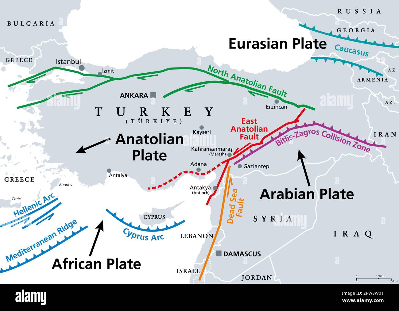 Anatolische Plattentektonik, nordanatolische Störung, Grauskala Stock Vektor
