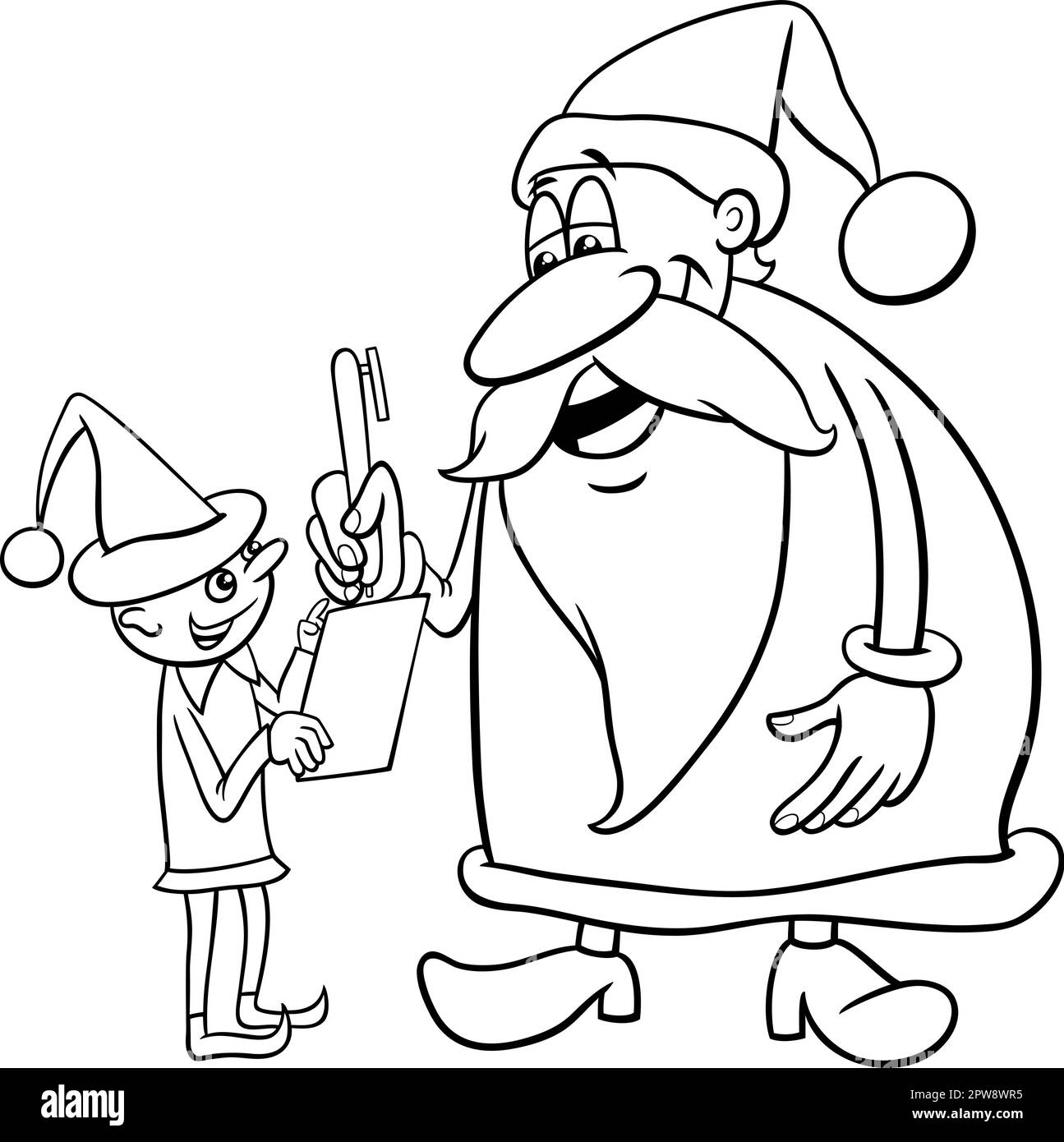 Cartoon-Weihnachtsmann-Figur mit Weihnachtself-Malseite Stock Vektor