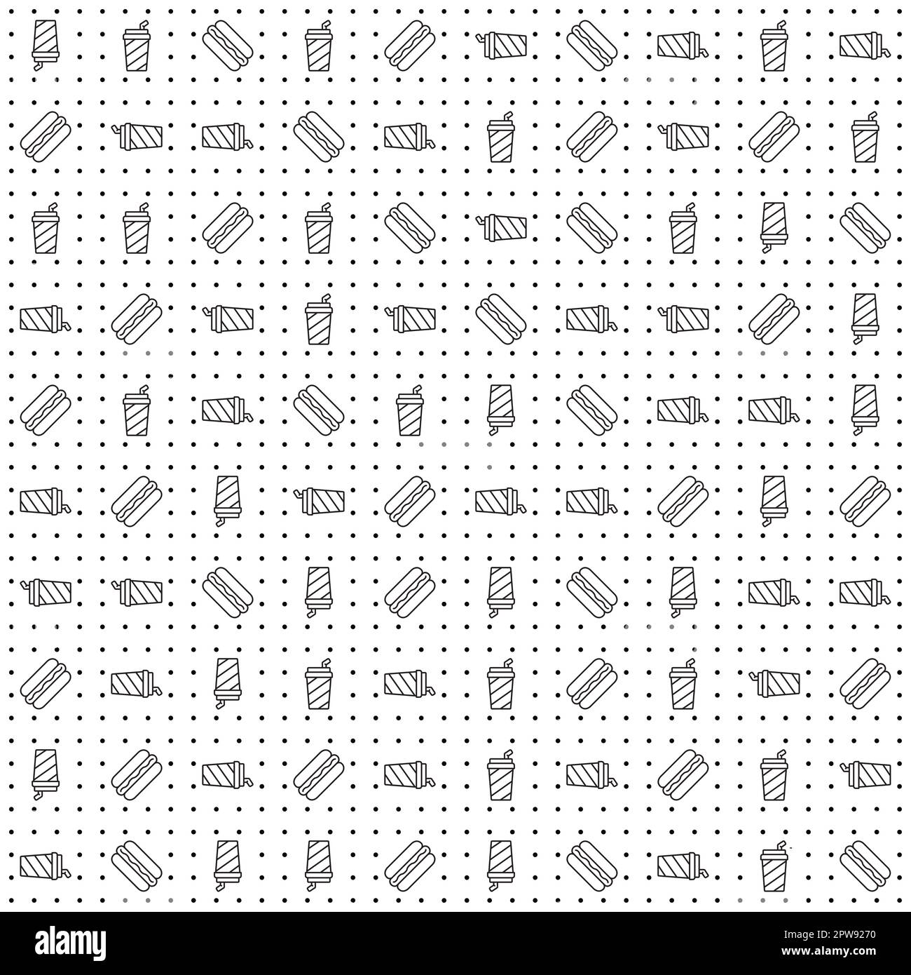 Hot Dog nahtlose Muster, nahtlose Essensmuster für Restaurants. Nahtloses geometrisches Muster. Vektor Stockfoto