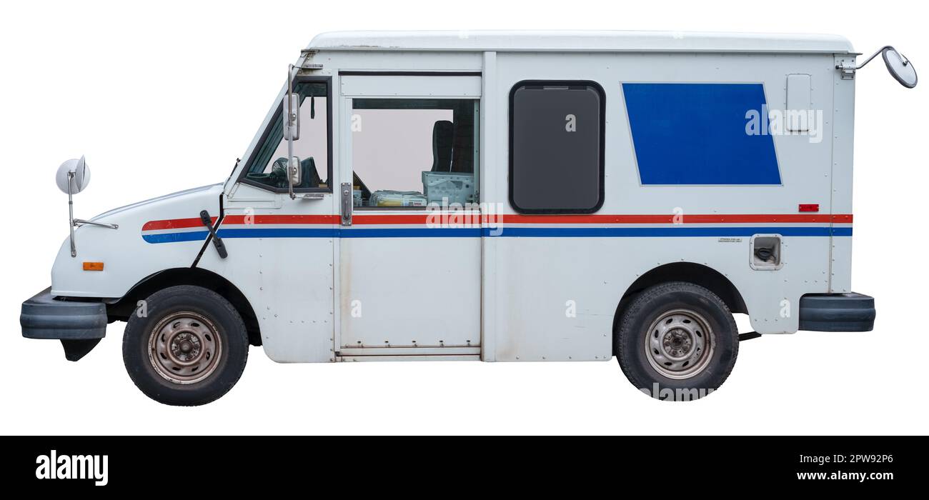 Grungy Mail Delivery Truck (Post Delivery Van) isoliert auf weißem Hintergrund Stockfoto