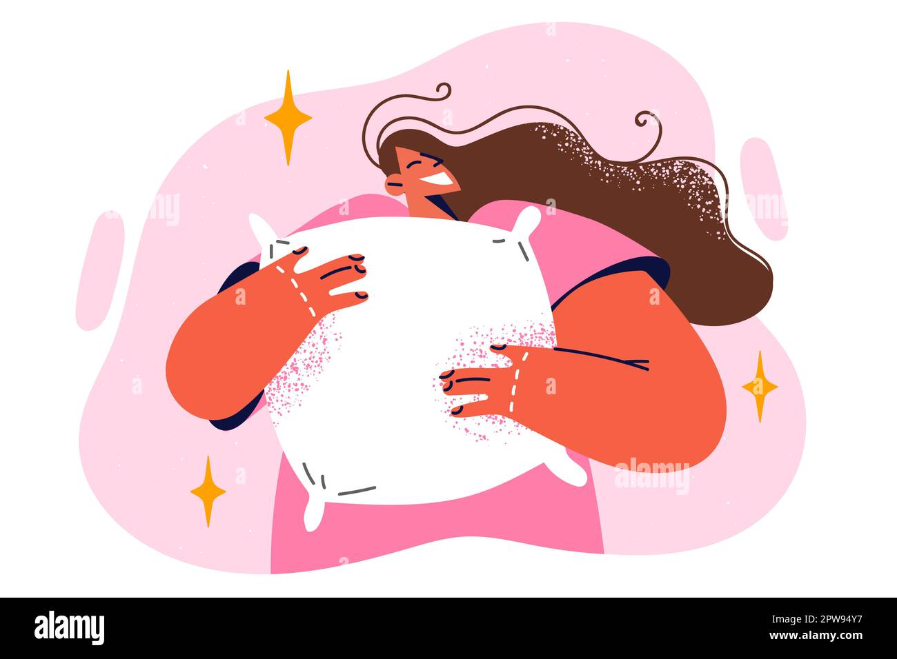 Eine positive Frau, die früh morgens das Kissen umarmt, nicht aus dem Bett will oder sich weigert, zur Arbeit zu gehen Stock Vektor