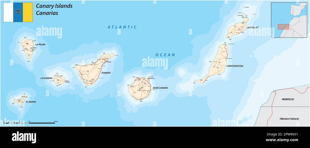 Straßenkarte der spanischen Inselgruppe der kanarischen Inseln Stock Vektor