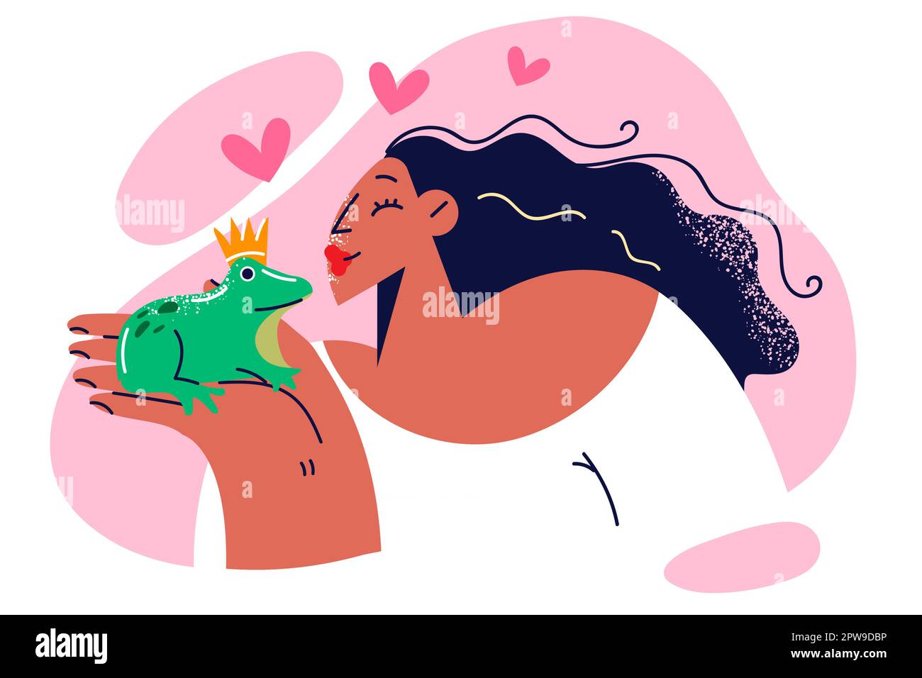 Eine Frau möchte einen gekrönten Frosch küssen, nachdem sie ein Märchen über die Verwandlung eines Tieres in einen Prinzen gelesen hat Stock Vektor