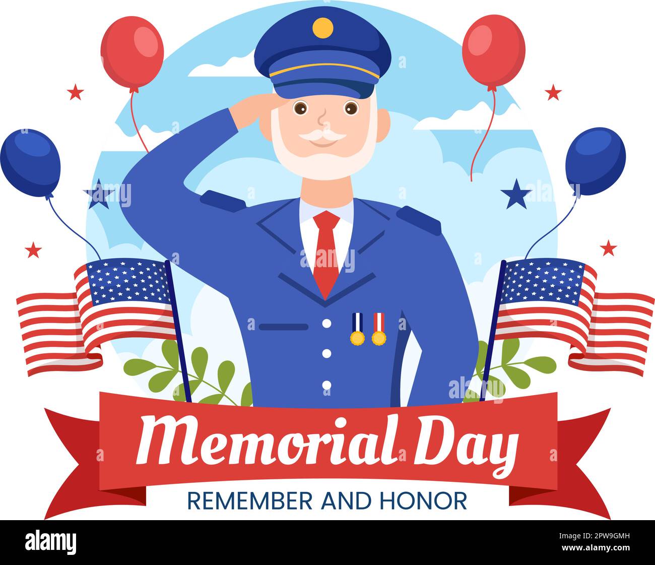 Memorial Day Illustration mit American Flag, Remember and Honor to Meritorious Soldier in Flat Cartoon Hand Drawn for Landing Page Templates Stock Vektor